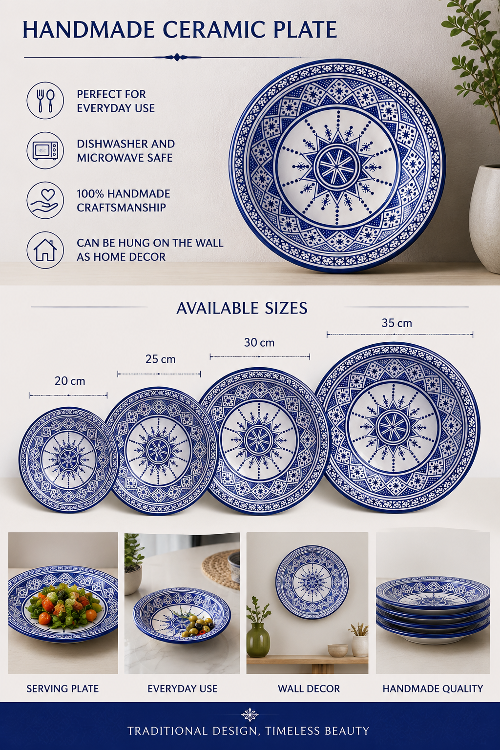 Handmade Moroccan Ceramic Serving Plate – Blue & White Fez Design