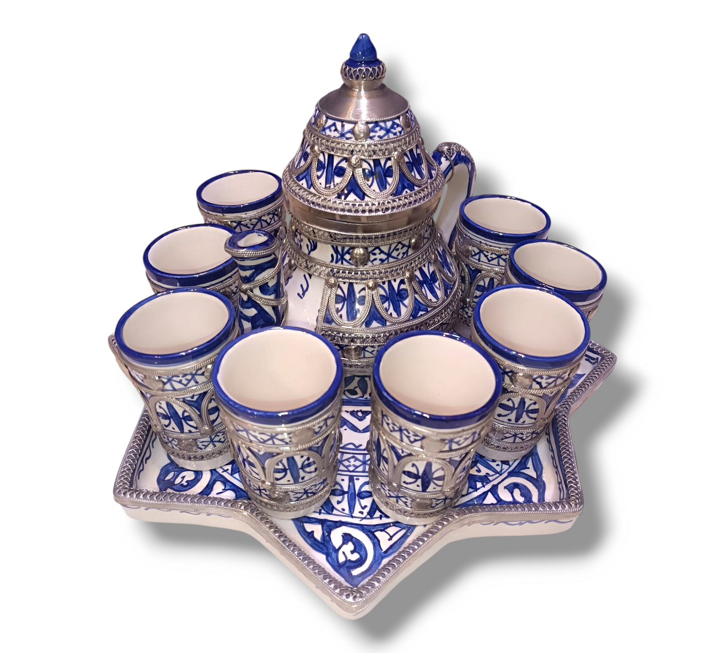 Luxury Moroccan large Tea Set – Handcrafted Fez Pottery with Silver & Cobalt Blue