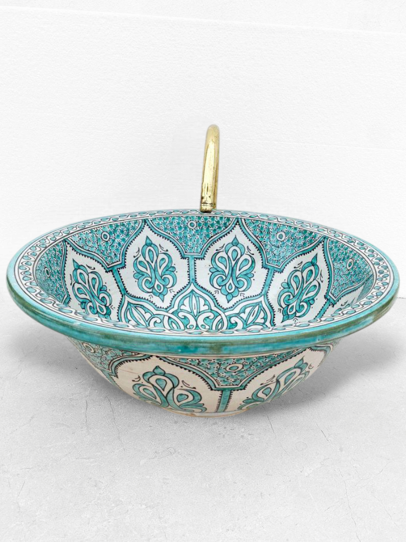Handcrafted Moroccan Fez Ceramic Sink – Traditional Green Floral Design