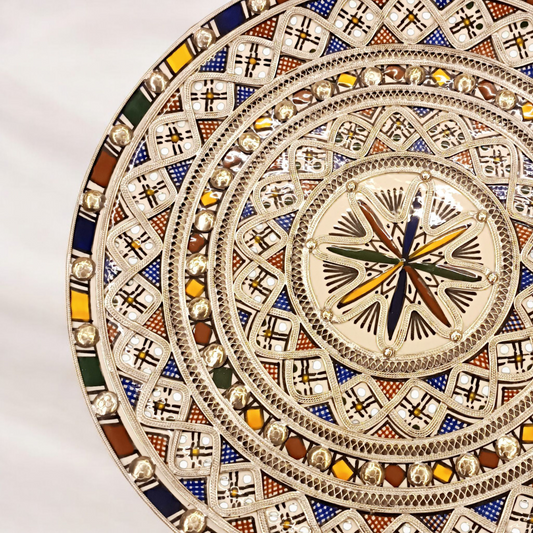 Multicolor Moroccan Fez Pottery Plate with Nickel Inlay – 35cm Wall Decor