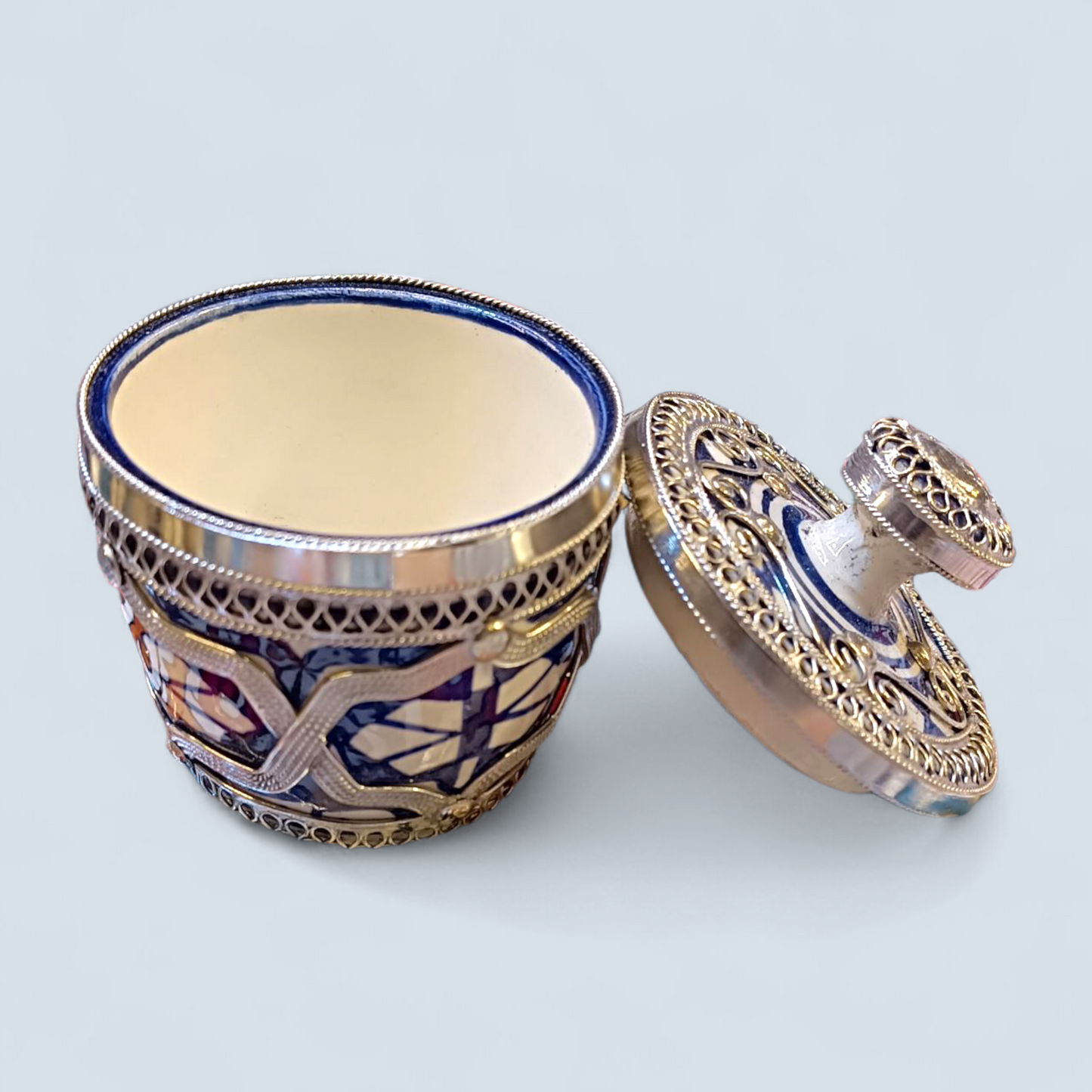 Moroccan Tea Set – Handcrafted Fez Pottery with Silver & Cobalt Blue