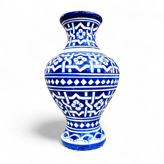 Moroccan ceramic vase, handmade and hand painted blue and white
