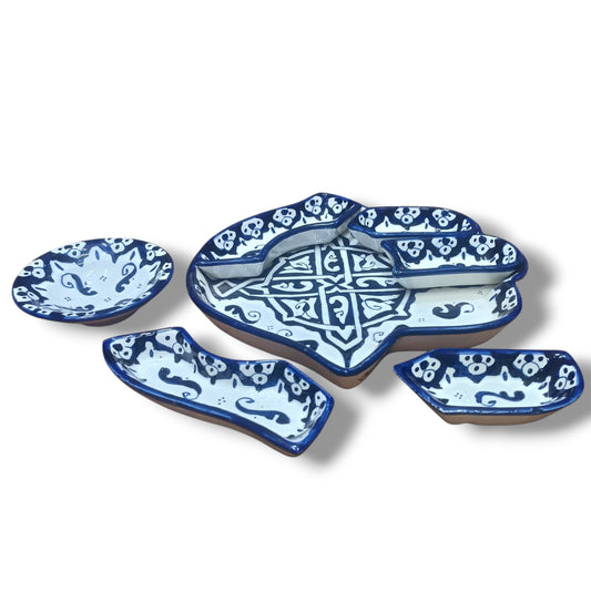 Moroccan Hamsa Pattern Ceramic Serving Set – 7-Piece Handmade Fez PotteryColorful Serving Dishes for Snacks, Appetizers, Dips and More – Moroccon Decorative Platters for Celebrations, Parties and Events