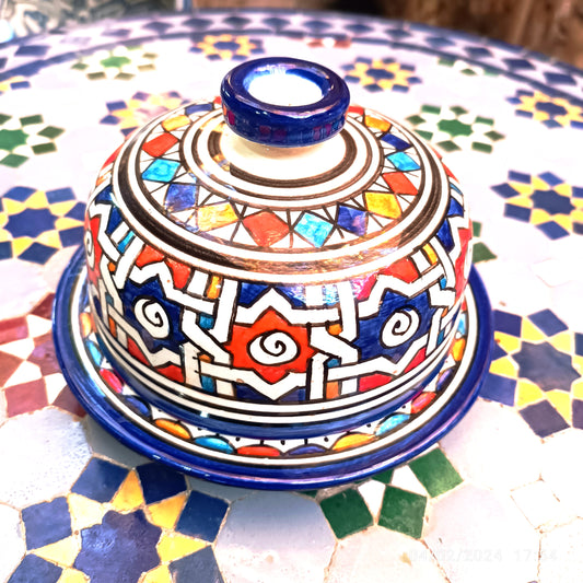 Hand-Painted Moroccan Butter & Cheese Dish – White Clay Art from Fez