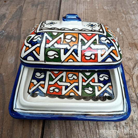 Moroccan Butter & Cheese Dish – White Clay Art from Fez - Hand-Painted
