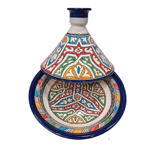 Hand-Painted Moroccan Tagine – 30cm Wide – White Clay – Dishwasher & Microwave Safe