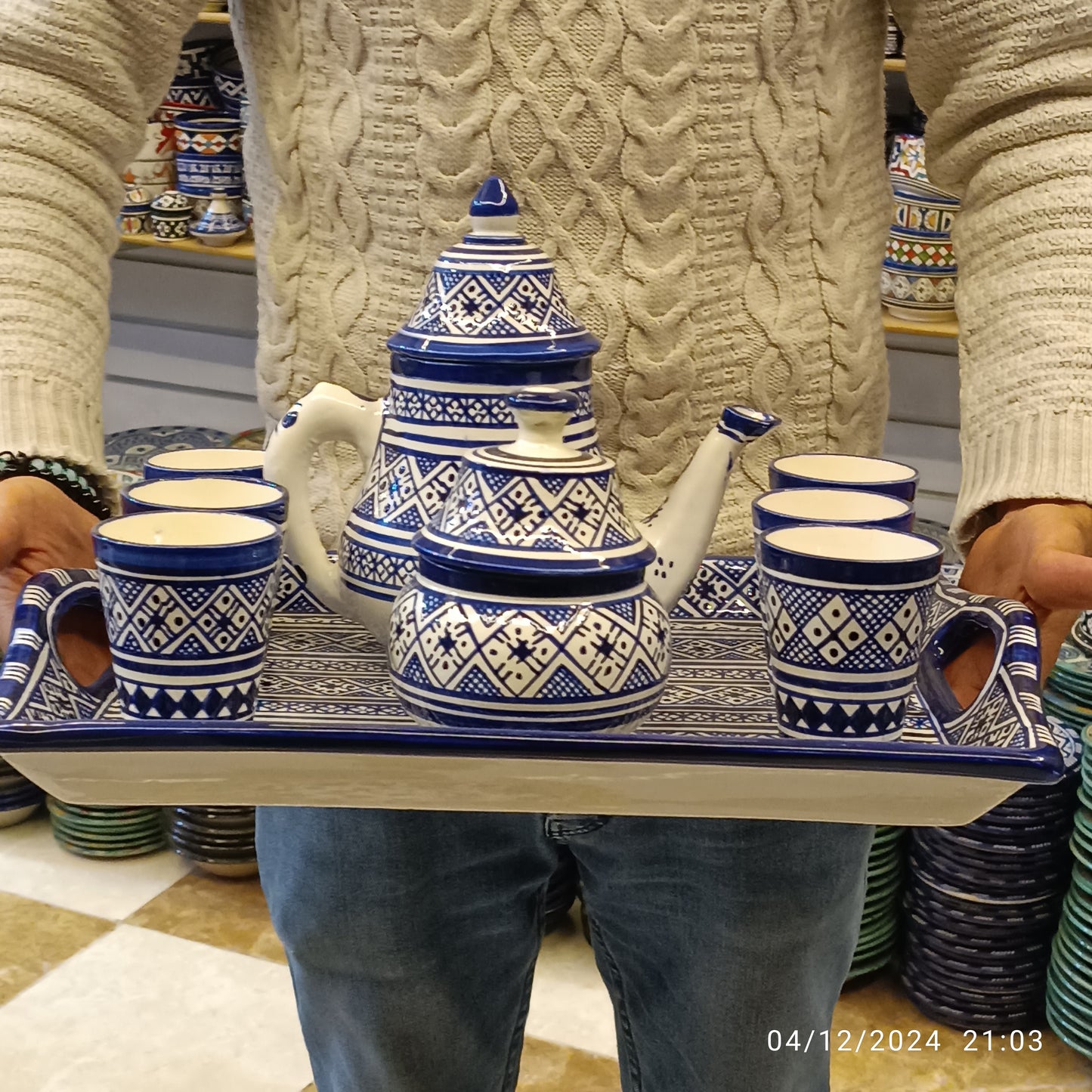 Handcrafted Blue & White Fassi Tea Set – 9-Piece Moroccan Clay Elegance