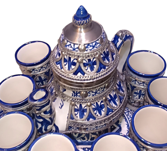 Luxury Moroccan large Tea Set – Handcrafted Fez Pottery with Silver & Cobalt Blue