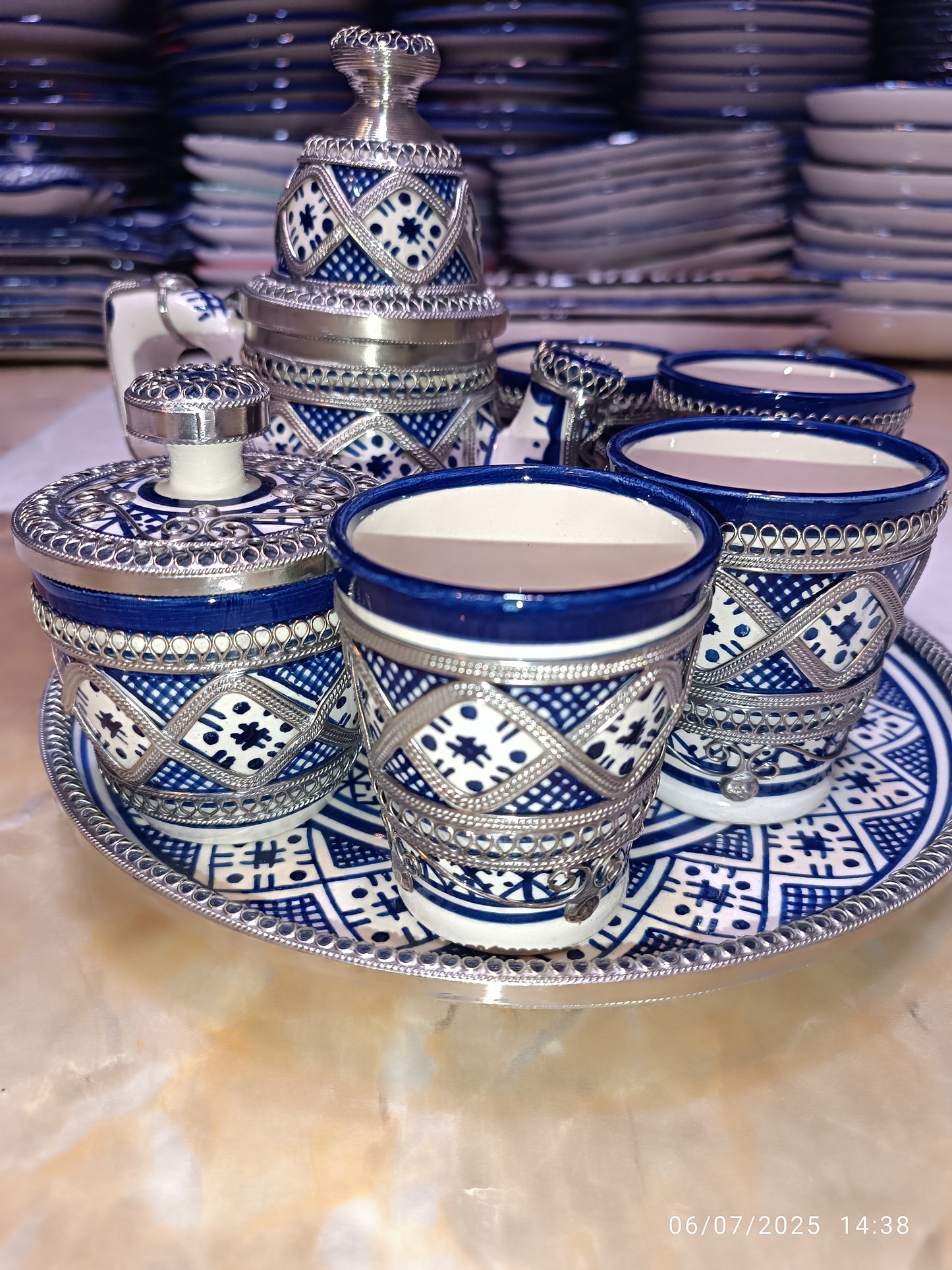 Moroccan Tea Set – Handcrafted Fez Pottery with Silver & Cobalt Blue
