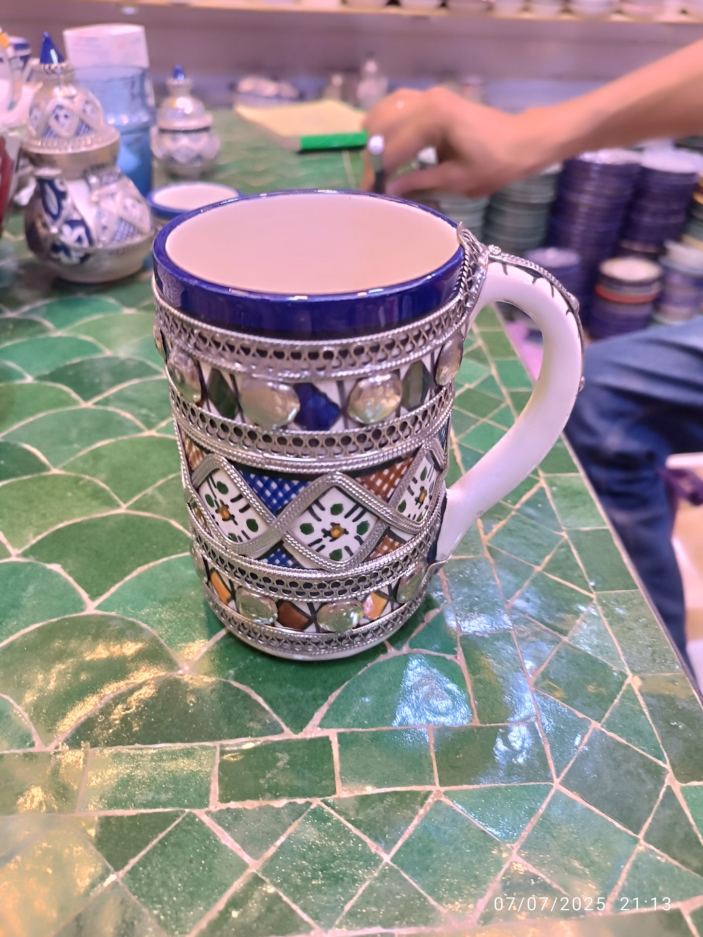 Handmade Moroccan Mug – Cobalt Blue Fez Design with Silver & Nickel Inlay