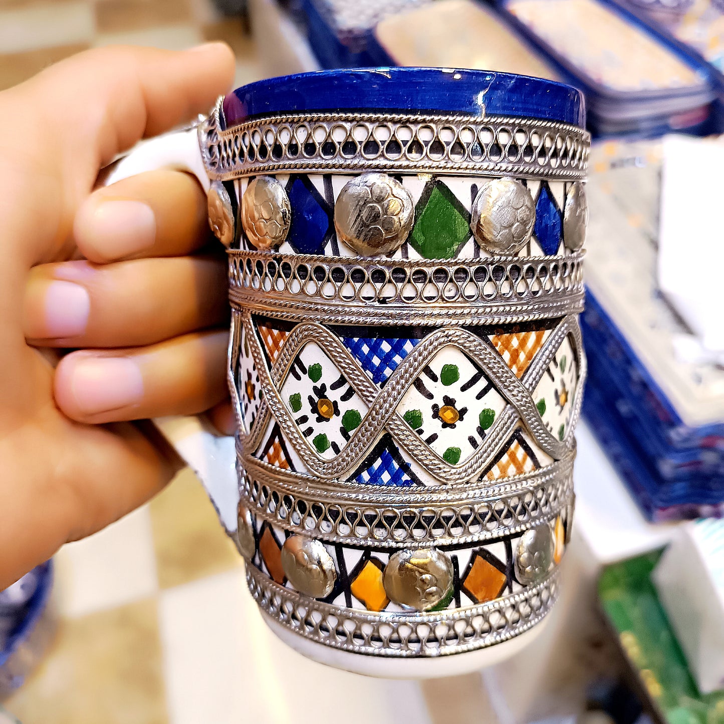 Handmade Moroccan large Mug – Cobalt Blue Fez Design with Silver & Nickel Inlay