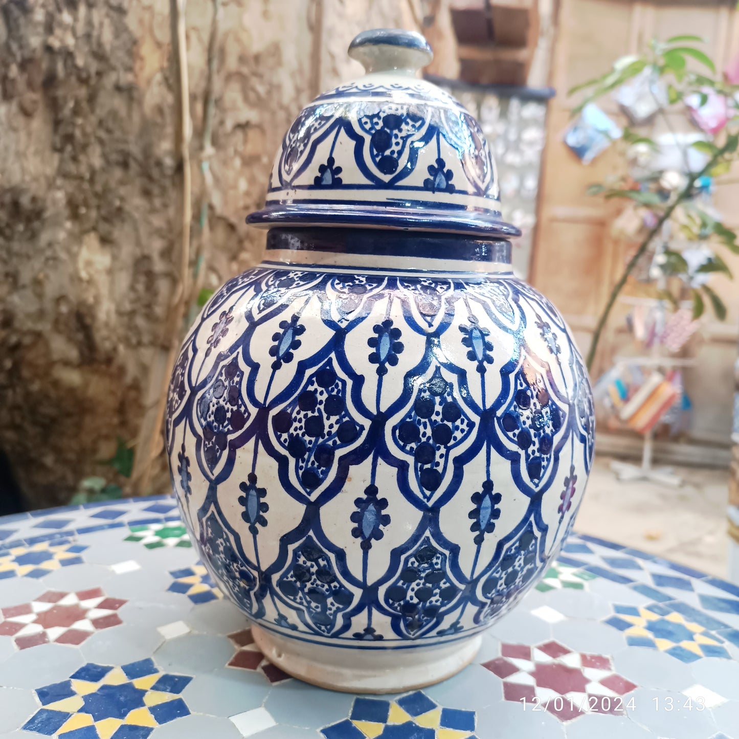 Handmade Moroccan fes pottery Blue & White Ceramic Jar with Lid – 30cm