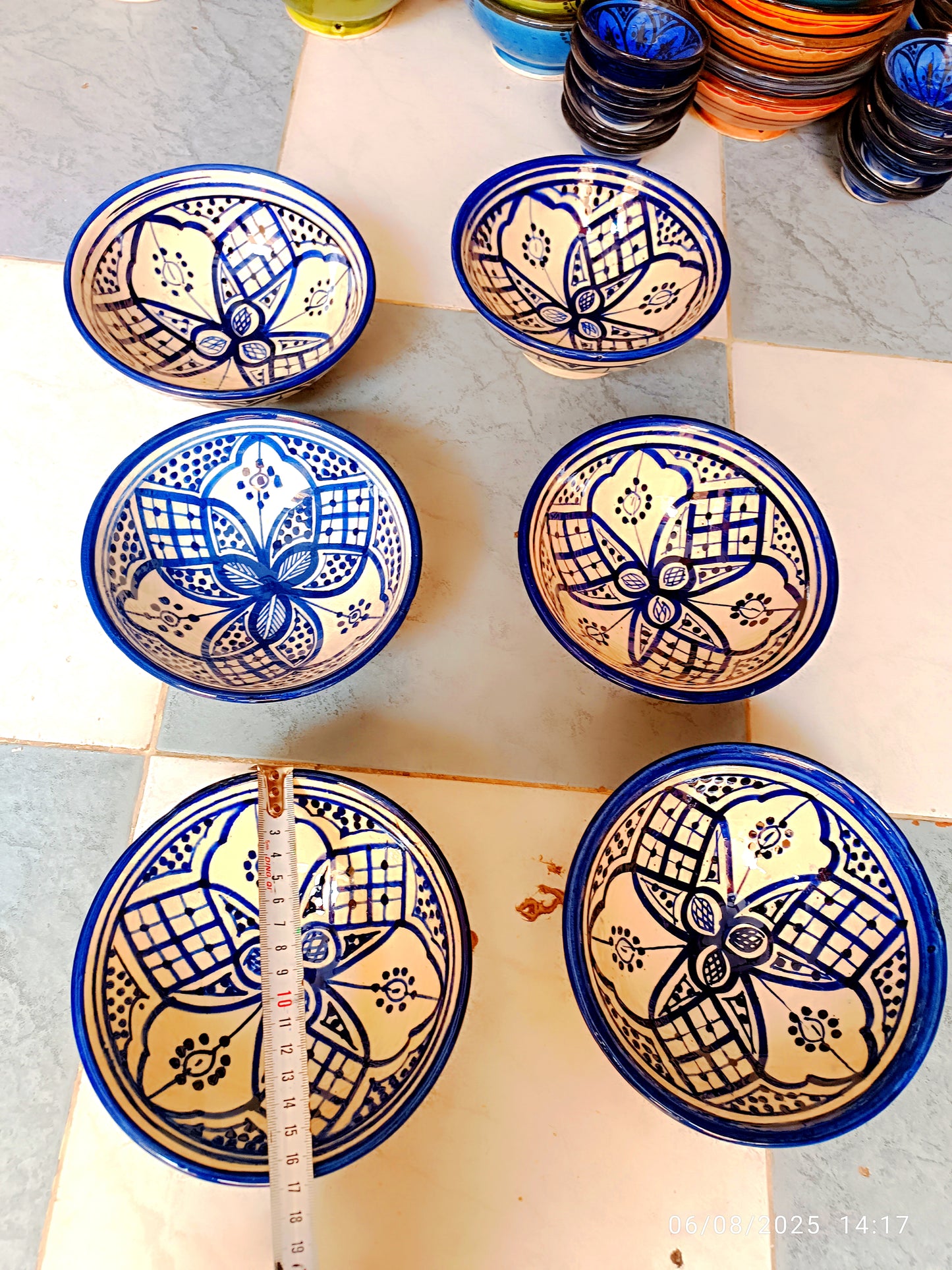 Hand-Painted Moroccan Fassi Ceramic Bowl Set – 6 Small + 1 Large – Traditional Fez Pottery