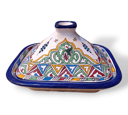 Square Tagine – Multicolor Moroccan Ceramic Cooking Pot – 24x29 cm