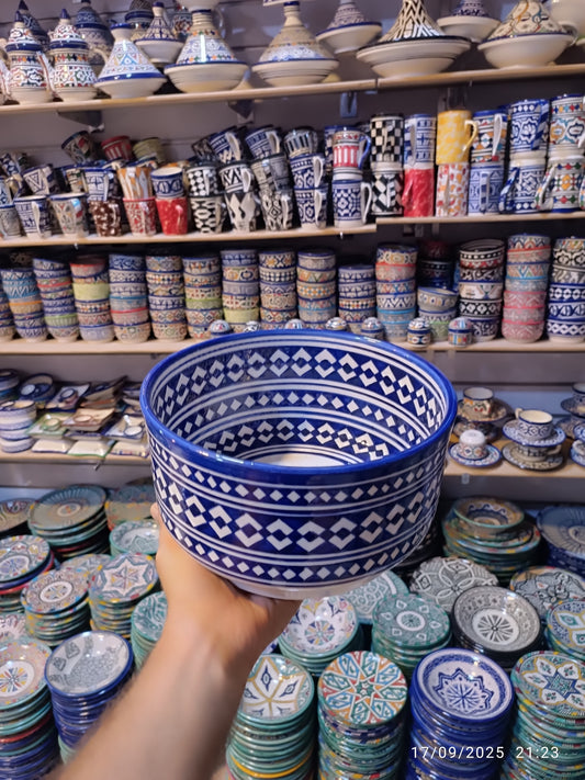 Moroccan Ceramic Salad Bowl – Blue Geometric Pattern | Food Safe Bowl from Fez