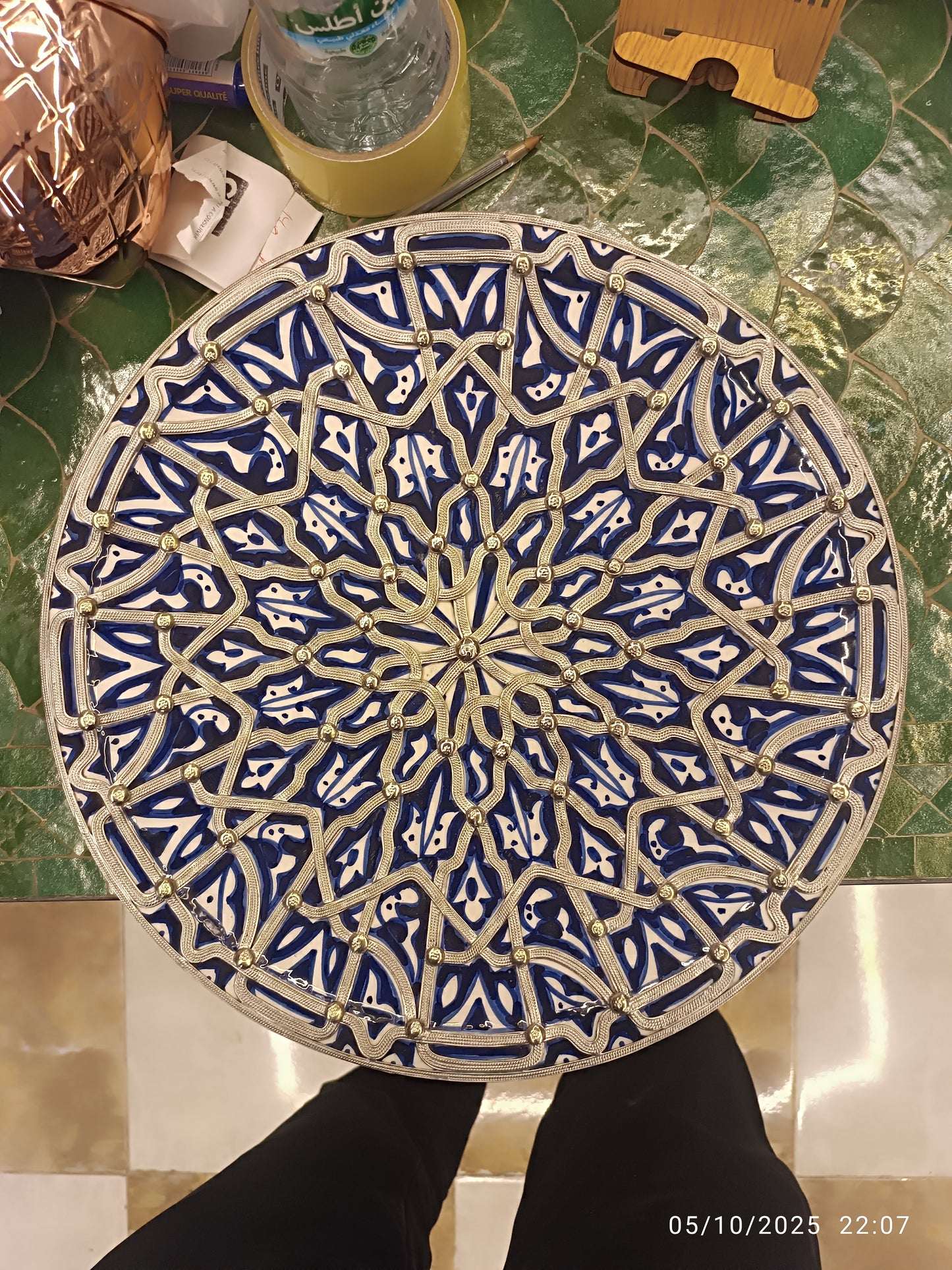 Handcrafted Moroccan Fes Pottery Plate with Nickel Inlay – Blue Ceramic Wall Decor from Fez