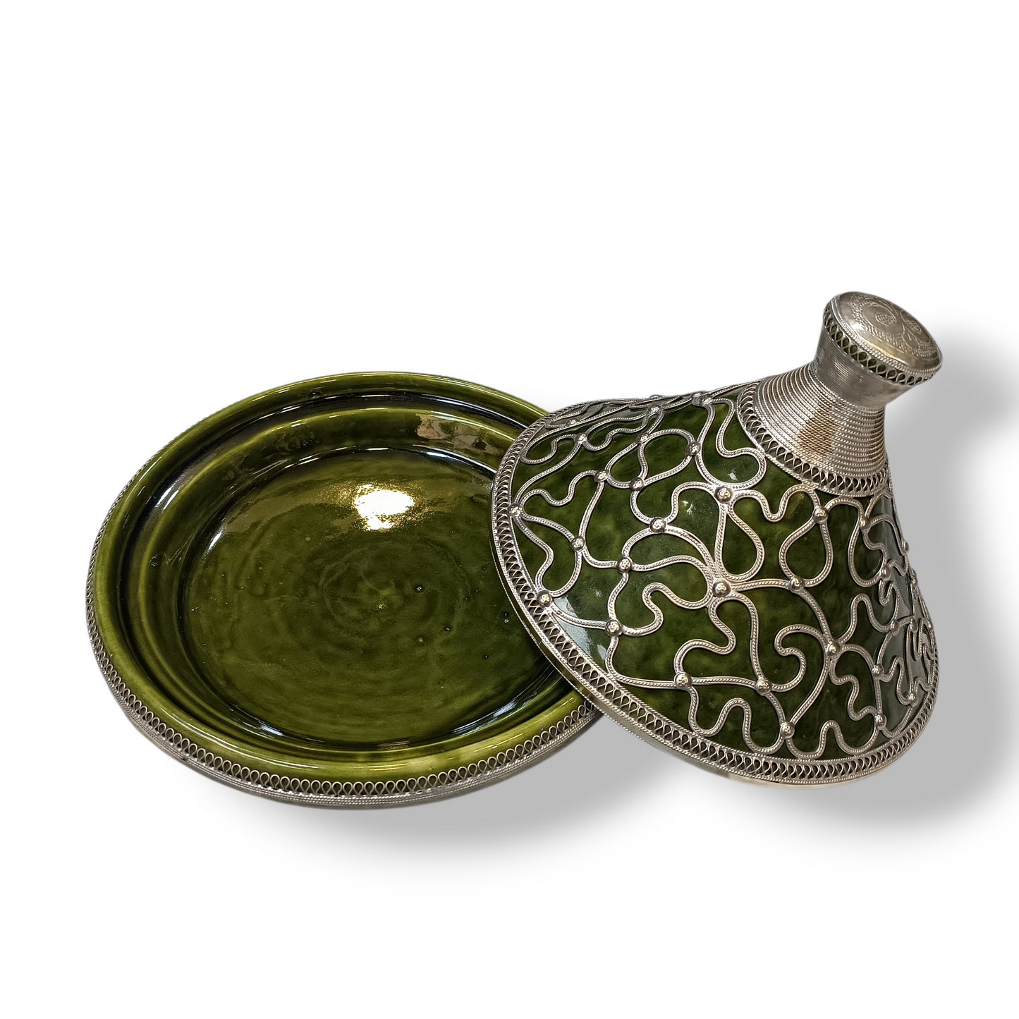 Handcrafted Moroccan Tagine 30cm – Blue, Green & Red Ceramic with Silver Filigree Design