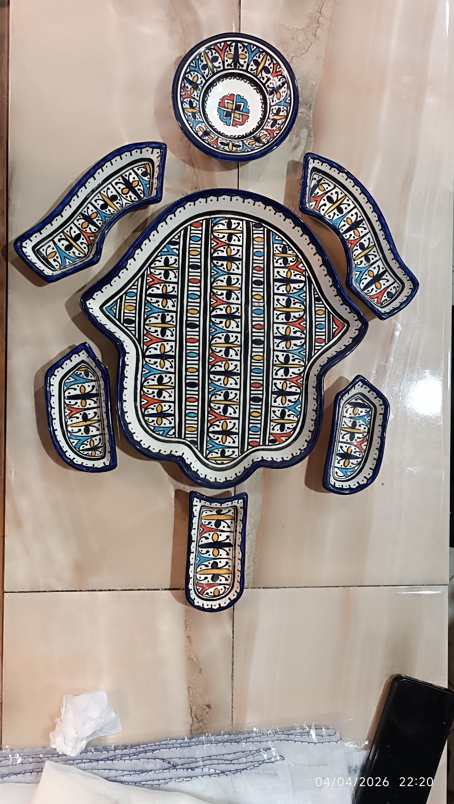 Hamsa Design Platter with 7 Pieces Handmade Moroccan Ceramic Serving Set | Fez Pottery 30x32 cm