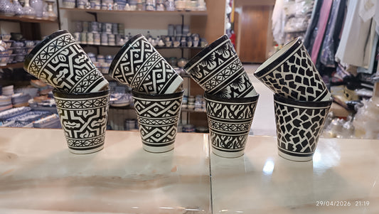Moroccan cups fez pottery hand painted black and white (8 cups)