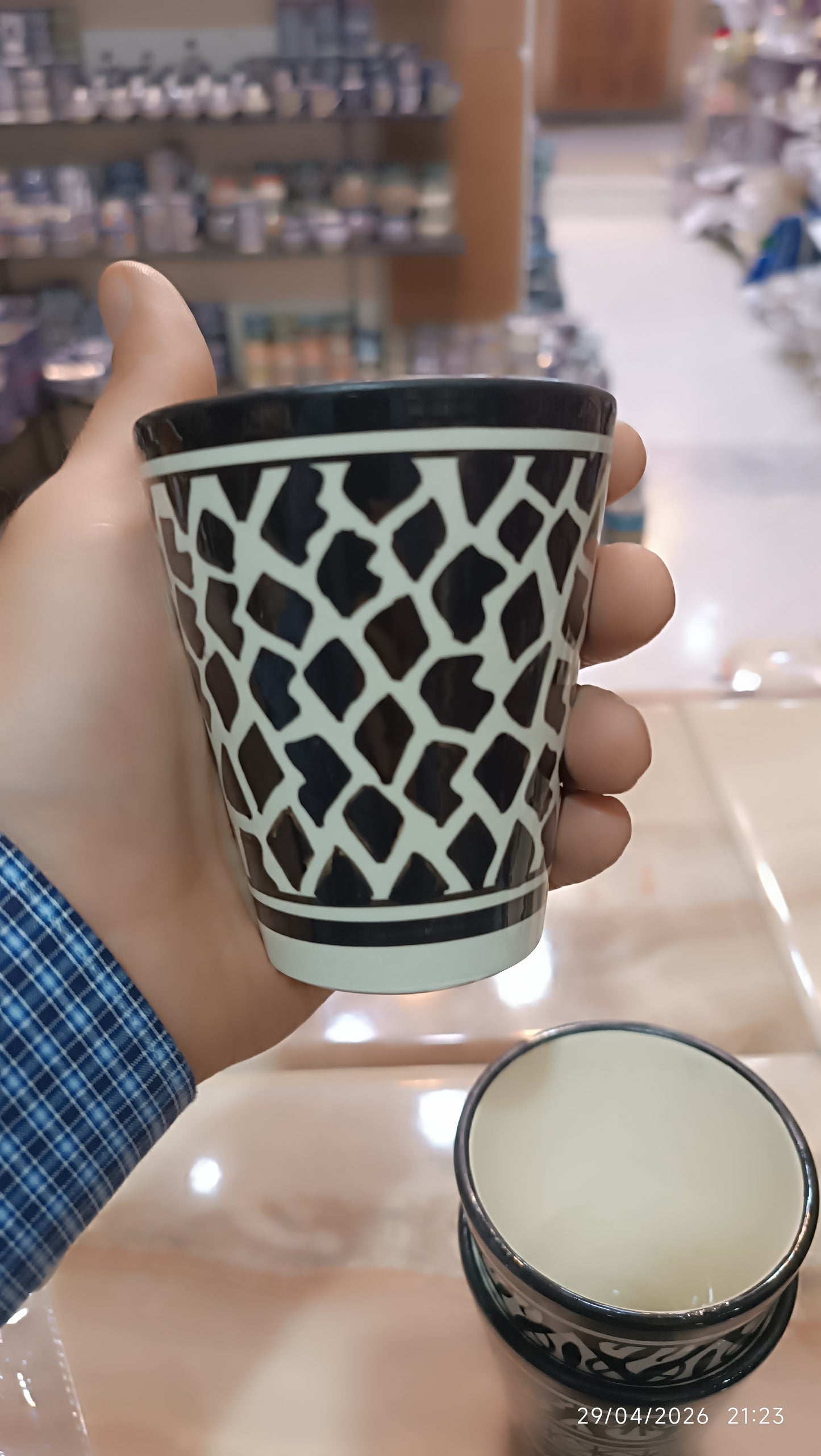 Moroccan cups fez pottery hand painted black and white (8 cups)