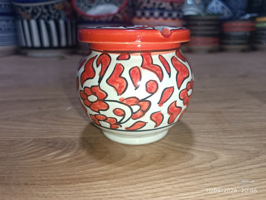 Moroccan Ceramic Ashtray with Lid – Hand-Painted Red Floral Design