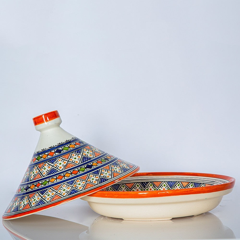 Hand-Painted Moroccan Tagine with Floral Design – 30cm Wide – White Clay – Dishwasher & Microwave Safe