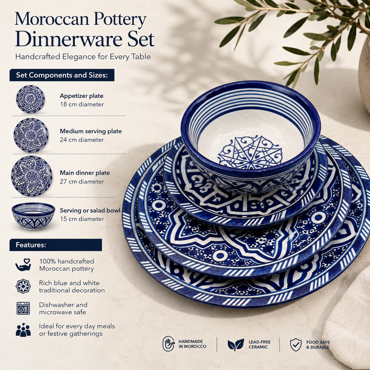Luxury Moroccan fez pottery Dinnerware Set – Handcrafted Traditional Pottery