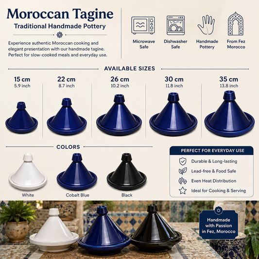 Handmade Moroccan Ceramic Tagine | White, Cobalt Blue & Black | Fez Pottery