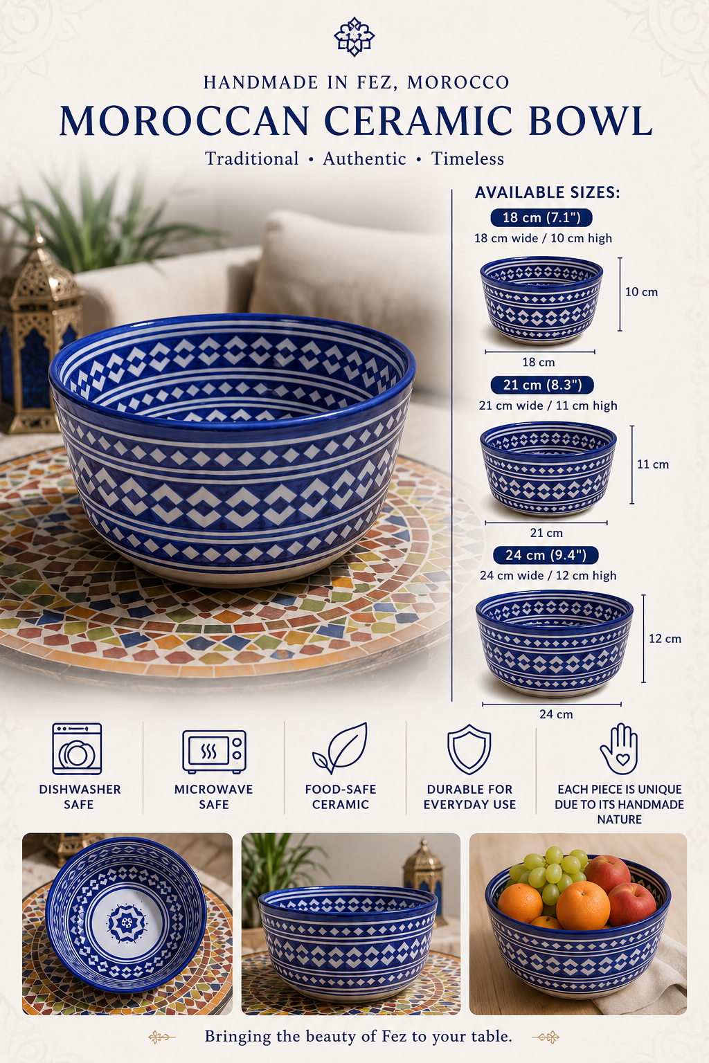 Moroccan Ceramic Salad Bowl – Blue Geometric Pattern | Food Safe Bowl from Fez