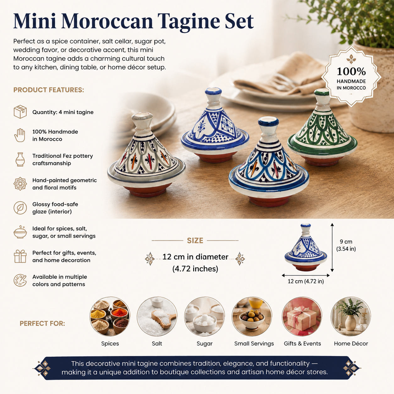 Mini Tajine Marocain Fait Main – Pot à Épices Céramique Décoratif | Poterie Traditionnelle de Fez (6 mini tajines)