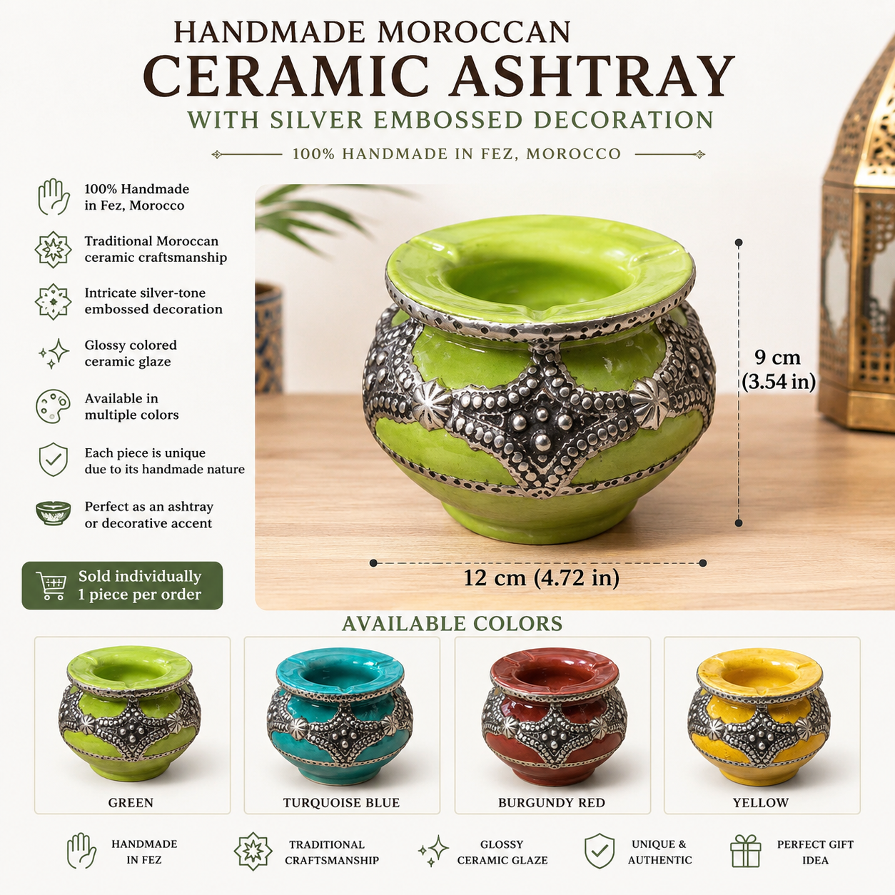 Handmade Moroccan Ceramic Ashtray with Silver Embossed Decoration – Fez Pottery