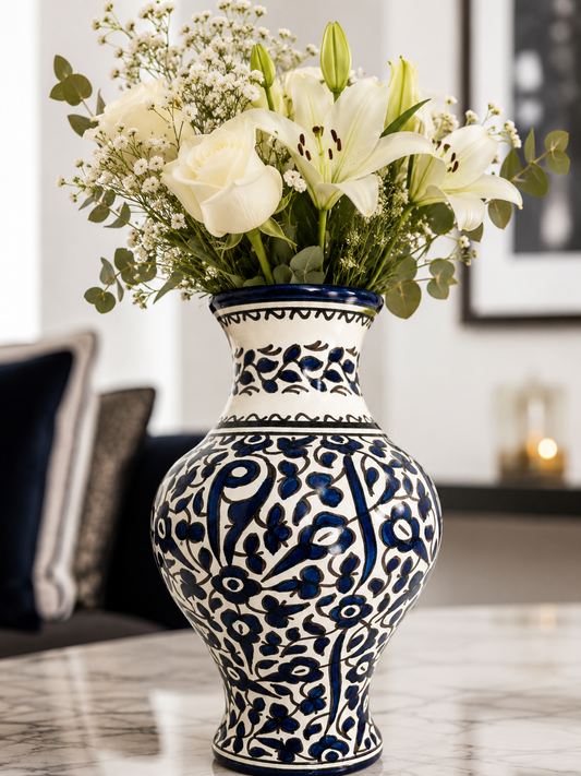 Handmade Moroccan Ceramic Vase – Blue & White Hand-Painted Floral Vase
