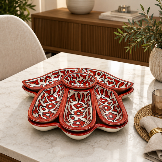 Red & White Moroccan Floral Serving Platter Set – Handmade Fez Pottery