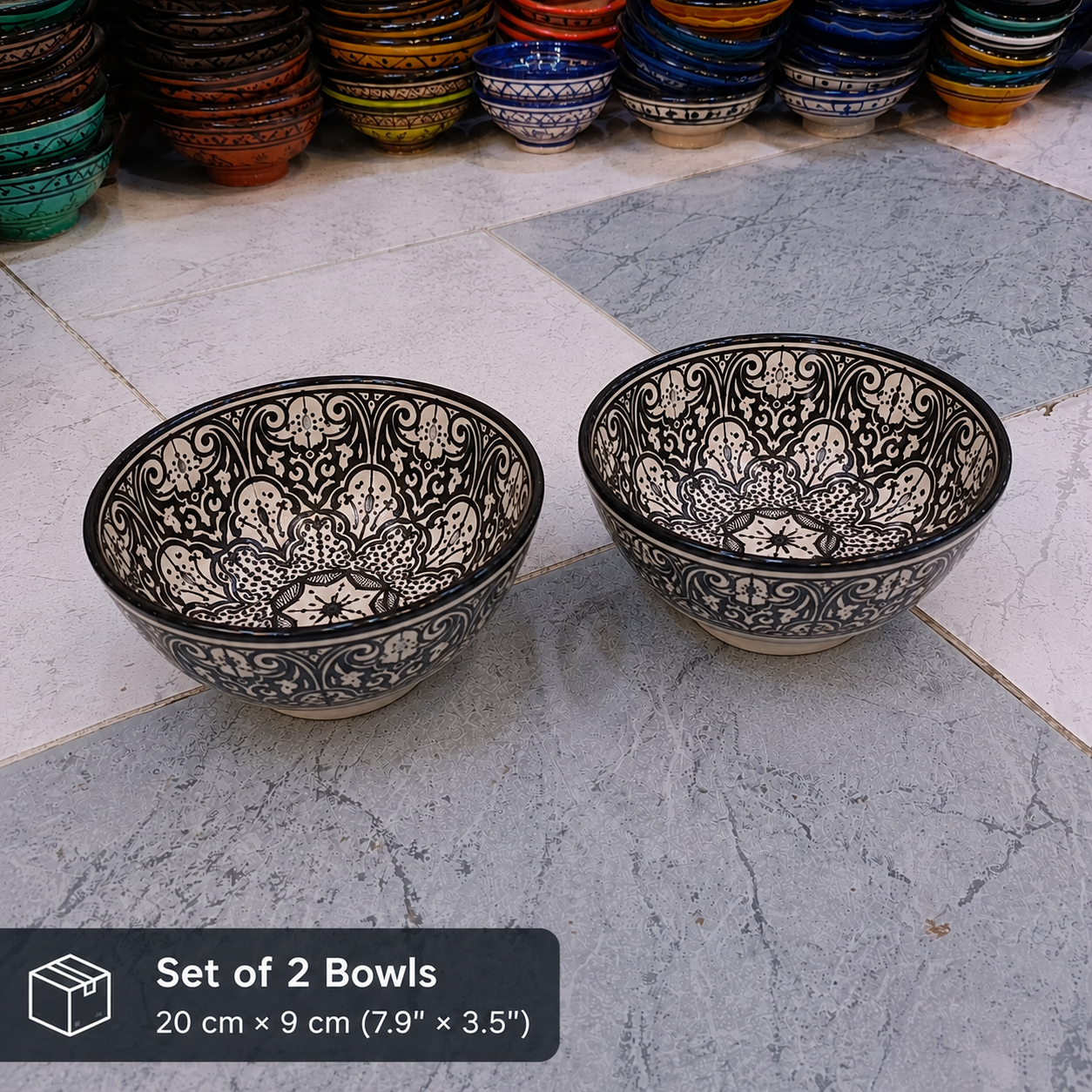 Handmade Moroccan Fassi Ceramic Bowl – Black & White Hand-Painted Serving Bowl | Traditional Fez Pottery
