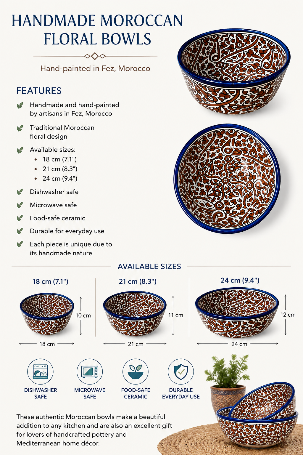 Handmade Moroccan Floral Ceramic Bowls – Hand Painted Serving Bowls from Fez, Morocco