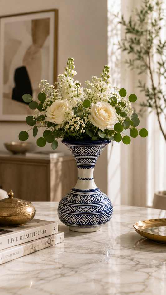 Handmade Moroccan Ceramic Vase – Traditional Fassi Embroidery Pattern