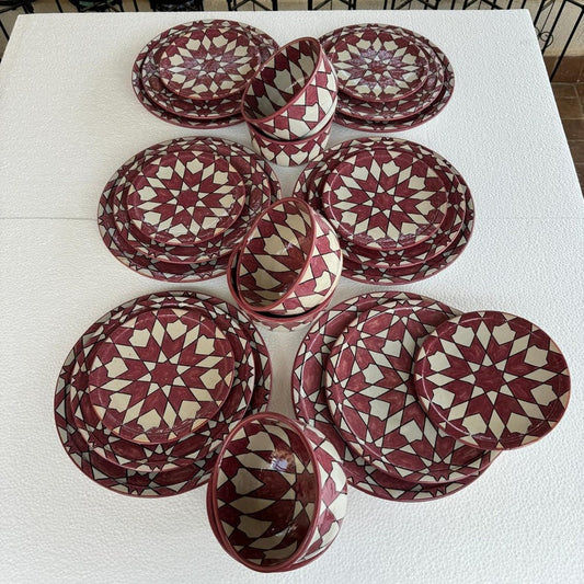 Handmade Moroccan Ceramic Dinnerware Set – Fez Zellige Pattern Plates & Bowl | Microwave & Dishwasher Safe