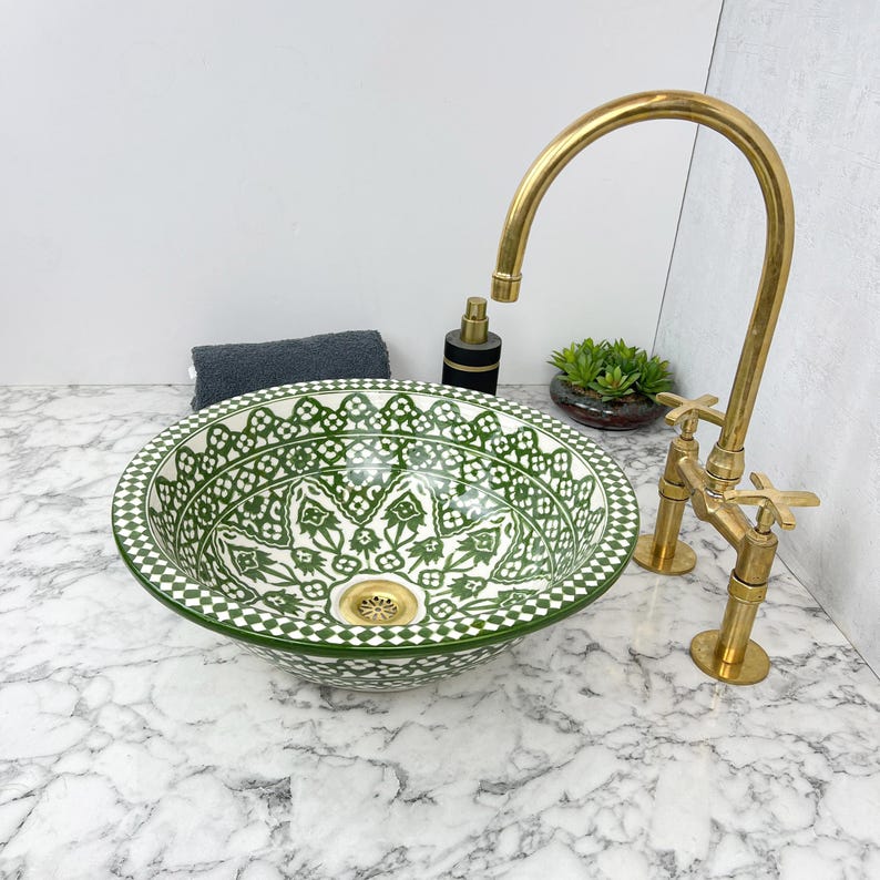 Green Ceramic Sink with Brass Rim - Bathroom Vanity Centerpiece for Eco-Friendly Decor - Bathroom Statement Piece
