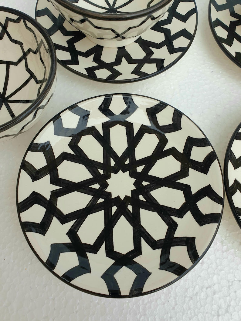 Handmade Moroccan Dinnerware Set – Black & White Ceramic Plates & Bowls | Authentic Fez Pottery