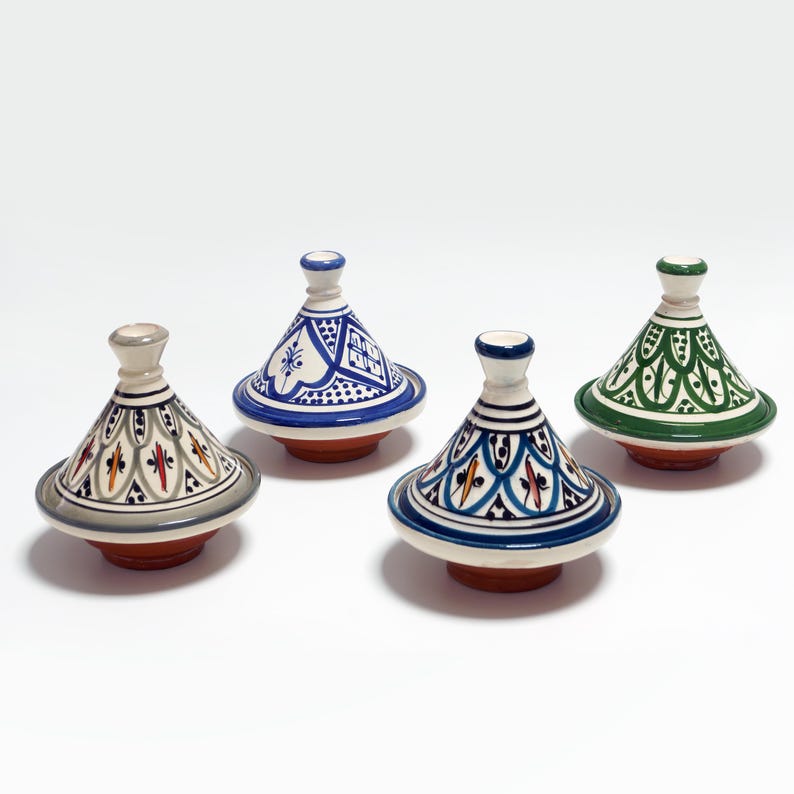 Mini Tajine Marocain Fait Main – Pot à Épices Céramique Décoratif | Poterie Traditionnelle de Fez (6 mini tajines)