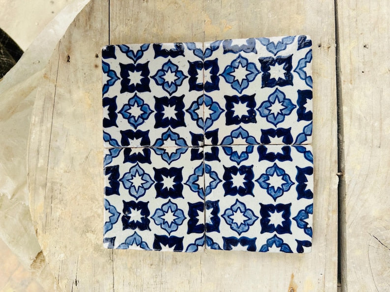 Handmade Moroccan Zellige Tiles Blue & White – Traditional Ceramic Wall Tiles 10 pieces