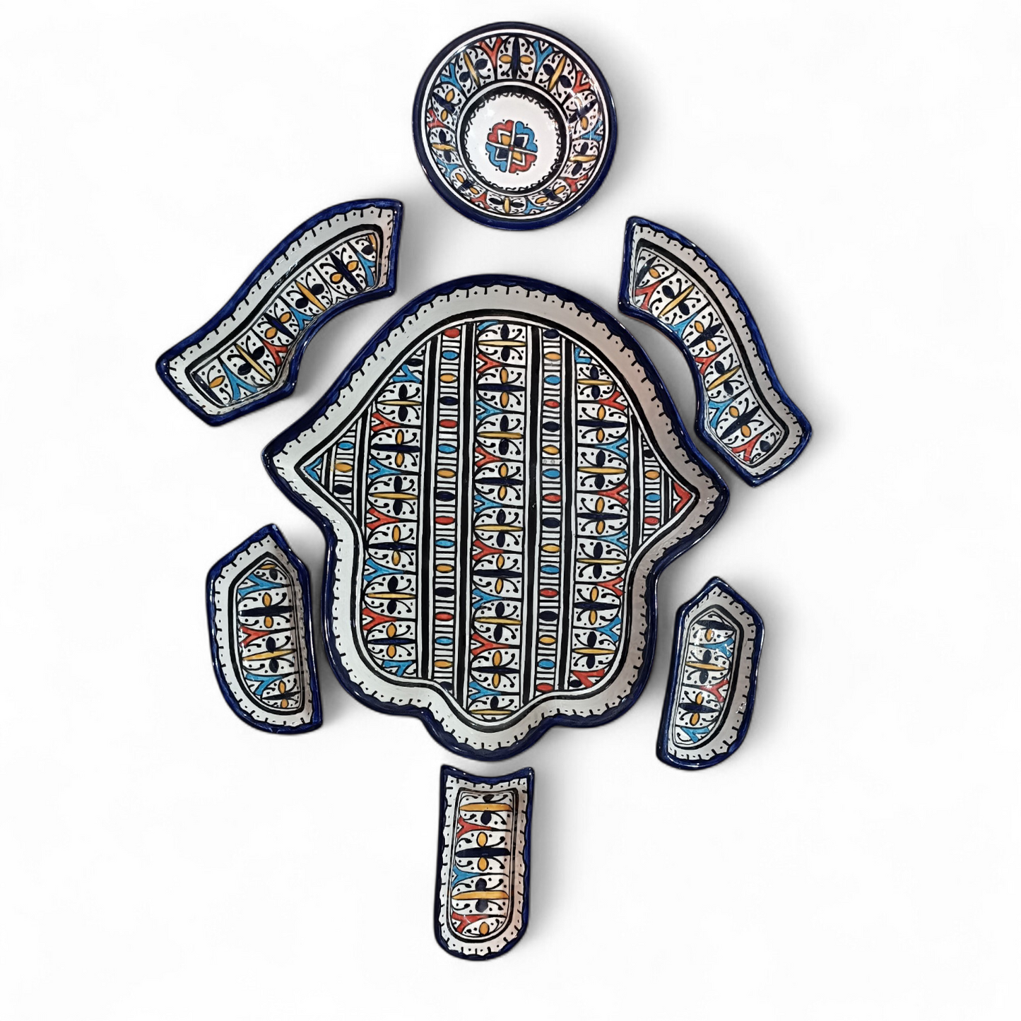 Hamsa Design Platter with 7 Pieces Handmade Moroccan Ceramic Serving Set  | Fez Pottery 30x32 cm