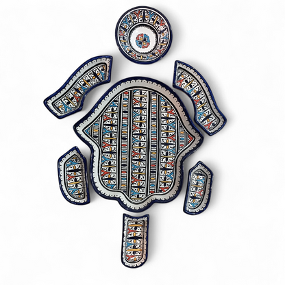 Hamsa Design Platter with 7 Pieces Handmade Moroccan Ceramic Serving Set  | Fez Pottery 30x32 cm