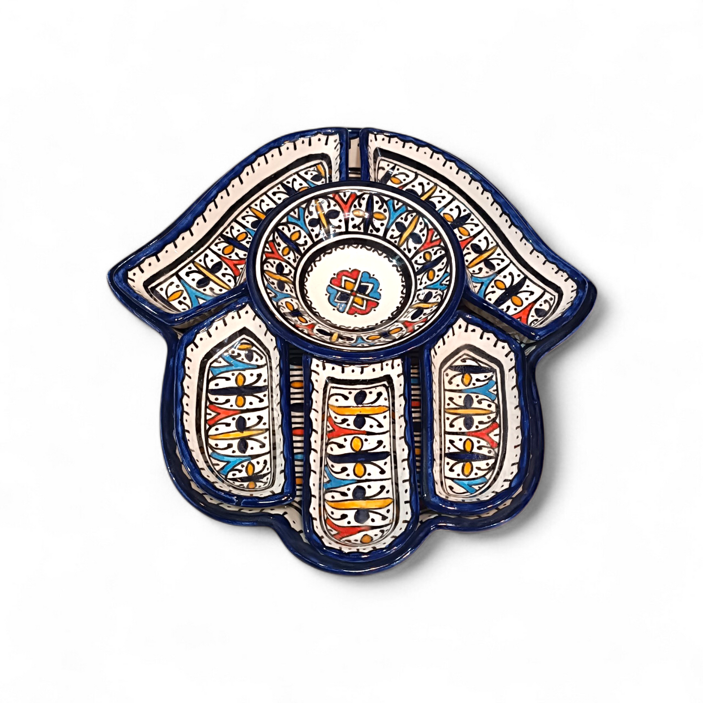 Hamsa Design Platter with 7 Pieces Handmade Moroccan Ceramic Serving Set  | Fez Pottery 30x32 cm