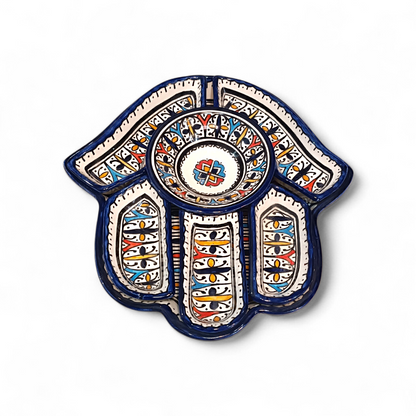 Hamsa Design Platter with 7 Pieces Handmade Moroccan Ceramic Serving Set  | Fez Pottery 30x32 cm