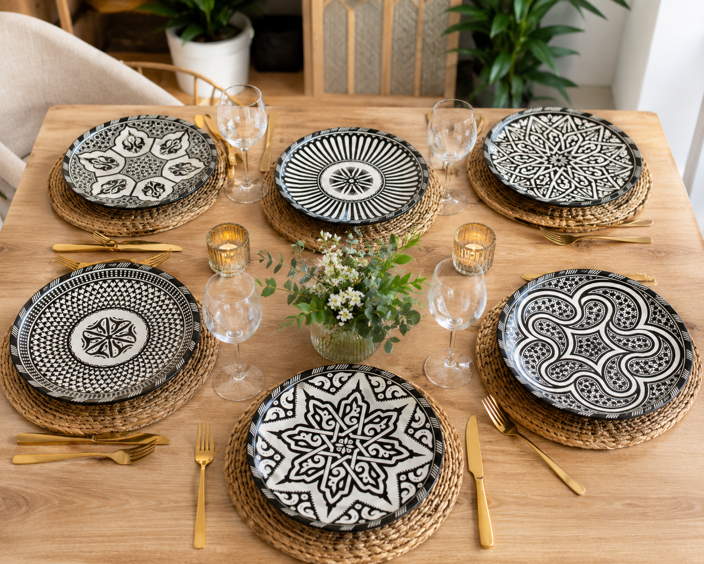 Moroccan plates 6 dinner plates Black and white dinner set