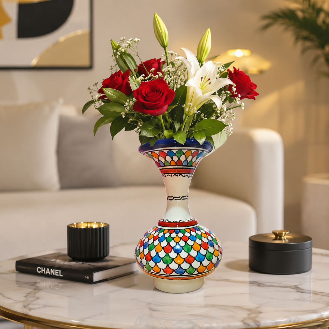 Handcrafted Moroccan Ceramic Vase – Colorful Multicolor Floral Design – 20 cm Decorative Pottery Vase