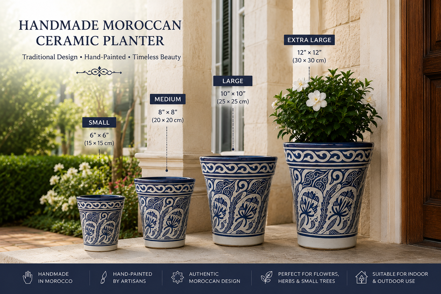 Moroccan Blue Ceramic Planter – Elegant Flower Pot for Indoor & Outdoor Décor
