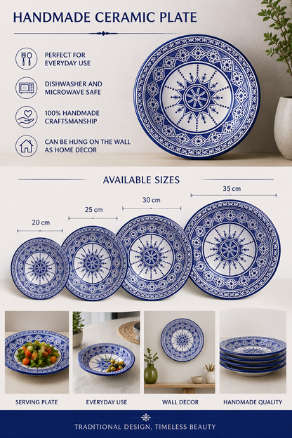 Handmade Moroccan Ceramic Serving Plate – Blue & White Fez Design