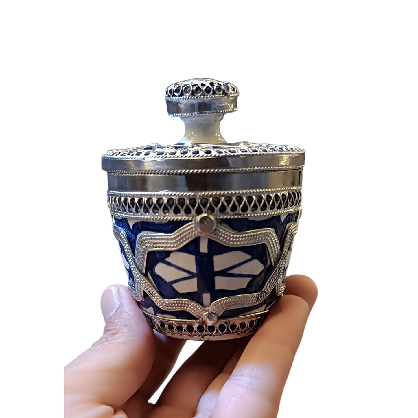 Moroccan Tea Set – Handcrafted Fez Pottery with Silver & Cobalt Blue